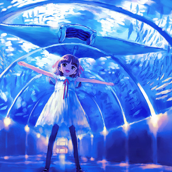 sasahara yuuki, original, aquarium, black thighhighs, child, dress, garter belt, manta ray, outstretched arms, pantyhose, scenery, skinny, solo, spread arms, thighhighs, underwater