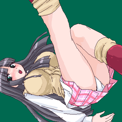 umi no tarako, shinozuka arashi, gad guard, lowres, 00s, 1girl, aqua eyes, black hair, blue eyes, blunt bangs, blush, breasts, brown socks, falling, female focus, green background, huge breasts, long hair, long sleeves, panties, pantyshot, plaid clothes, plaid skirt, simple background, skirt, socks, solo, sweater, underwear, white panties