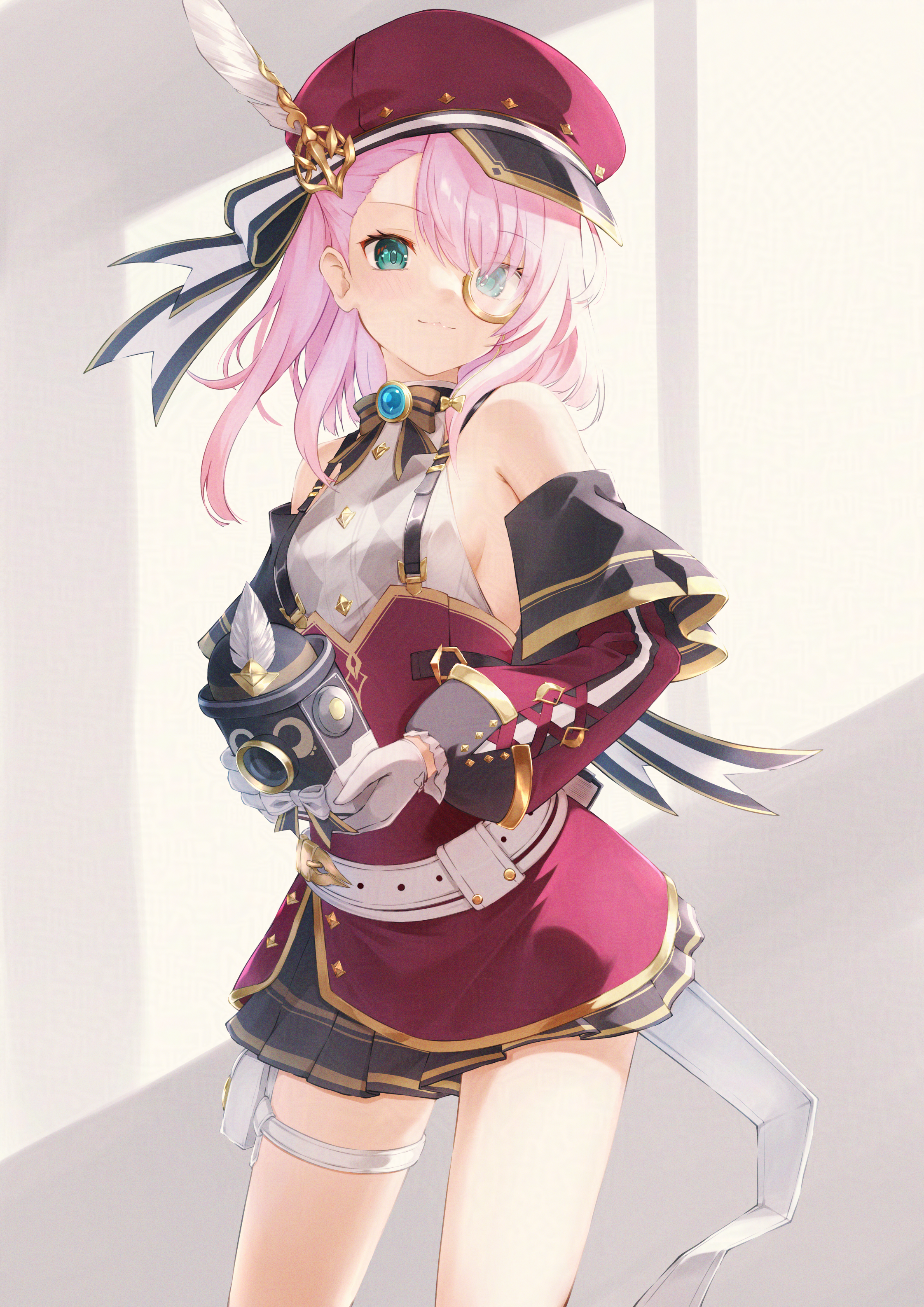 yuki-san (wdtm yuki), charlotte (genshin impact), genshin impact, absurdres, commentary, highres, 1girl, aqua eyes, bare shoulders, belt, bow, bowtie, brooch, cowboy shot, detached sleeves, gloves, hat, high-waist skirt, holding, jewelry, long sleeves, looking at viewer, medium hair, miniskirt, monocle, newsboy cap, pink hair, red hat, red skirt, shirt, skirt, sleeveless, sleeveless shirt, smile, solo, standing, suspenders, thigh strap, white belt, white gloves, white shirt