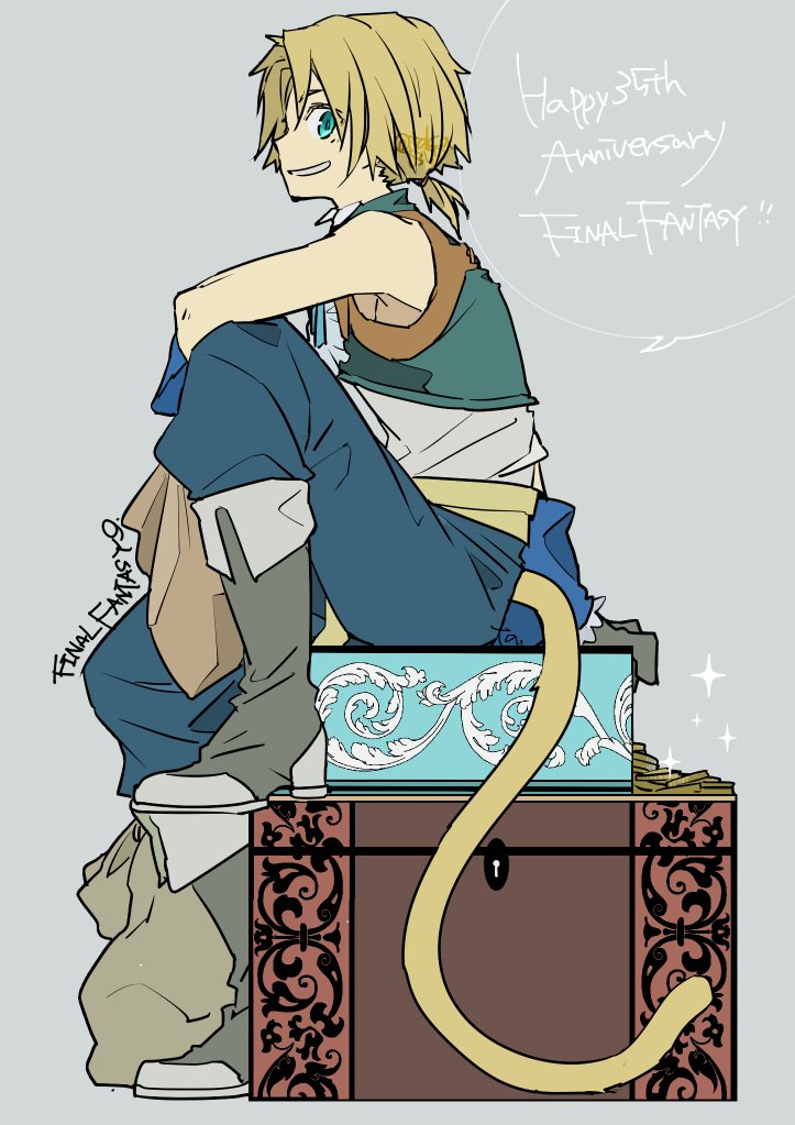 takase toho, zidane tribal, final fantasy, final fantasy ix, 1boy, aqua eyes, bare shoulders, blonde hair, blue pants, boots, cat tail, collared shirt, cropped vest, full body, green vest, grey background, grey boots, low ponytail, male focus, open mouth, pants, parted bangs, ponytail, shirt, short hair, sitting, sleeveless, sleeveless shirt, smile, solo, tail, vest, white shirt
