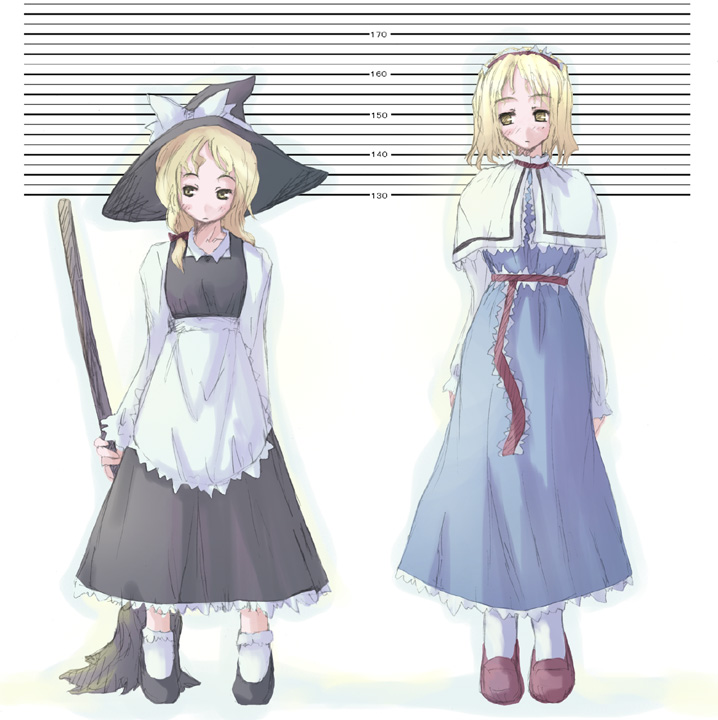 takanashi akihito, alice margatroid, kirisame marisa, touhou, looking away, white legwear, 2girls, apron, black dress, blonde hair, blue dress, blush, broom, capelet, dress, female focus, hair ribbon, hairband, hat, hat ribbon, height chart, high heels, holding, holding broom, long sleeves, multiple girls, pumps, ribbon, sash, shoes, socks, standing, tress ribbon, waist apron, witch, witch hat, yellow eyes
