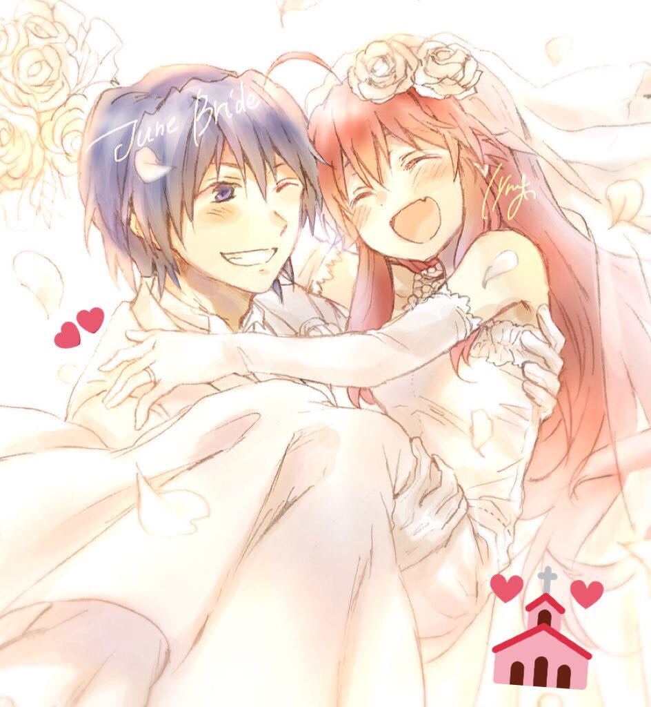 haru hina, hinata hideki, yui (angel beats!), angel beats!, commentary request, 1boy, 1girl, :d, ;d, ^ ^, ahoge, alternate costume, bare shoulders, blue hair, blush, bridal veil, bride, carrying, closed eyes, couple, dress, elbow gloves, facing another, falling petals, fang, feet out of frame, flower, formal clothes, gloves, grin, groom, hair down, hair flower, hair ornament, happy, heart, hetero, hug, jewelry, long dress, long hair, looking at another, one eye closed, open mouth, pastel colors, petals, pink hair, princess carry, ring, rose, short hair, sidelocks, signature, skin fang, smile, suit, v-shaped eyebrows, veil, very long hair, wedding, wedding dress, wedding ring, white dress, white flower, white gloves, white rose, white suit