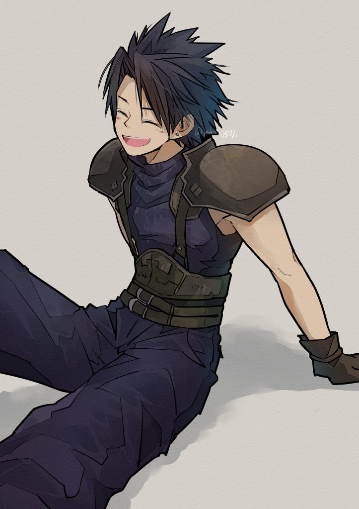 takase toho, zack fair, crisis core final fantasy vii, final fantasy, final fantasy vii, 1boy, armor, belt, black hair, blue pants, blue shirt, brown belt, brown gloves, closed eyes, earrings, gloves, grey background, jewelry, light blush, male focus, multiple belts, open mouth, pants, parted bangs, pauldrons, shirt, short hair, shoulder armor, single earring, sitting, smile, solo, suspenders, twintails