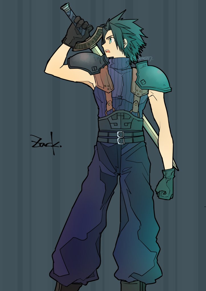 takase toho, zack fair, crisis core final fantasy vii, final fantasy, final fantasy vii, 1boy, aqua eyes, armor, baggy pants, belt, black boots, black gloves, black hair, blue pants, blue shirt, boots, character name, clenched hand, feet out of frame, gloves, grey background, holding, holding sword, holding weapon, male focus, multiple belts, open mouth, pants, parted bangs, pauldrons, shirt, short hair, shoulder armor, sleeveless, sleeveless turtleneck, solo, striped background, suspenders, sword, turtleneck, twitter username, weapon, weapon on back