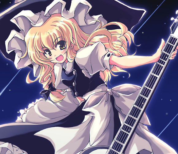 tooya, touya (the-moon), kirisame marisa, touhou, 1girl, :d, black hat, blonde hair, blue background, electric guitar, female focus, guitar, hat, holding, instrument, long hair, open mouth, smile, solo, witch, witch hat, yellow eyes
