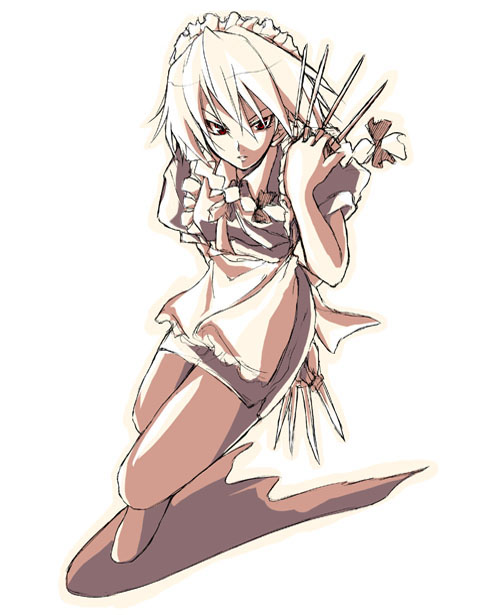 tooya, touya (the-moon), izayoi sakuya, touhou, silver hair, 1girl, arm behind back, between fingers, braid, eyebrows hidden by hair, female focus, holding, knife, maid, maid headdress, monochrome, pantyhose, red eyes, short hair, solo, thighs, throwing knife, twin braids, weapon