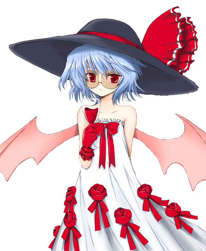 marugoshi (54burger), remilia scarlet, touhou, 1girl, alternate costume, arm behind back, ascot, bare shoulders, bat wings, bespectacled, blue hair, bow, cup, dress, drink, drinking glass, female focus, flower, glass, glasses, gloves, hat, hat ribbon, red eyes, red flower, red gloves, red rose, ribbon, rose, short hair, slit pupils, solo, sun hat, sundress, sunglasses, wine glass, wings