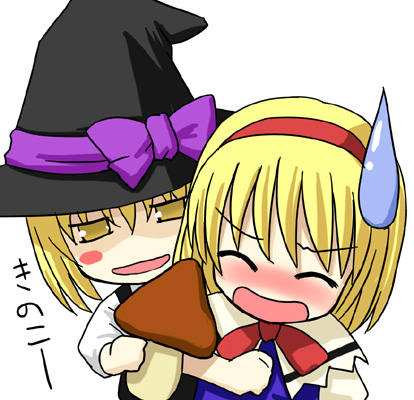 kazami ruku, alice margatroid, kirisame marisa, touhou, lowres, 2girls, blonde hair, blush, blush stickers, bow, capelet, chibi, closed eyes, female focus, hairband, hat, hat bow, holding, long sleeves, multiple girls, mushroom, open mouth, sweatdrop, witch, witch hat, yellow eyes