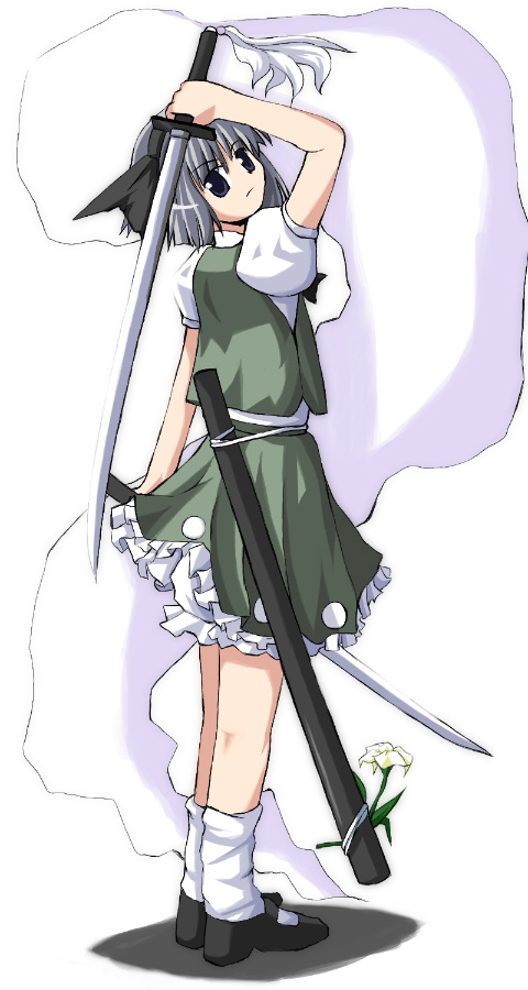 nodoka (artist), konpaku youmu, konpaku youmu (ghost), touhou, silver hair, 1girl, bloomers, blue eyes, clothes lift, dual wielding, female focus, flower, frills, from behind, frown, full body, ghost, grey eyes, hairband, hitodama, holding, katana, kneepits, looking back, mary janes, no nose, oekaki, shadow, sheath, shoes, short hair, skirt, skirt lift, socks, solo, standing, sword, underwear, vest, weapon, white bloomers