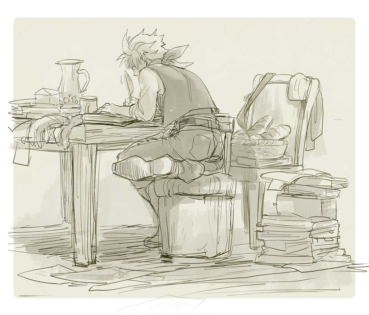yon yosi, male builder (dqb2), dragon quest, dragon quest builders 2, commentary request, 1boy, basket, book, book stack, boots, bread, chair, cup, food, gloves, greyscale, holding, holding quill, loaf of bread, male focus, monochrome, motion lines, mug, neckerchief, on chair, open book, pants, paper, pitcher (container), profile, quill, short hair, sitting, sitting on leg, sleeves rolled up, solo, spiked hair, table, unworn gloves, vest, writing