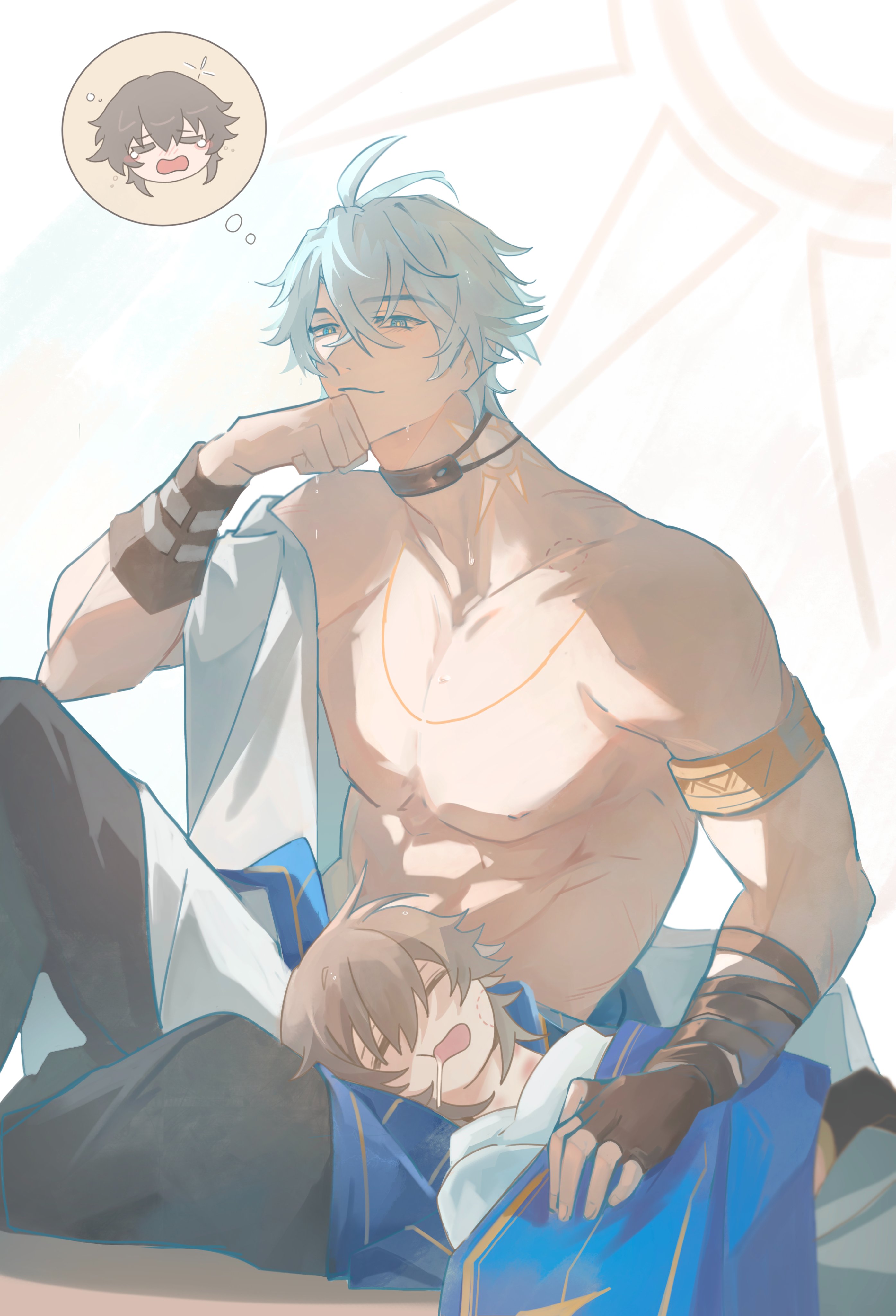 caelus (honkai: star rail), phainon (honkai: star rail), trailblazer (honkai: star rail), honkai (series), absurdres, highres, 2boys, abs, ahoge, antenna hair, arm on knee, arm wrap, armlet, bare pectorals, bishounen, bite mark, black choker, black gloves, black pants, blade owo7, blue cape, blue eyes, cape, chibi, chibi inset, choker, closed eyes, closed mouth, clothes blanket, clothes down, coat, collarbone, drooling, fingerless gloves, gloves, grey hair, hair between eyes, hand on another's chest, hand on own chin, hickey, jewelry, knee up, lap pillow, lying, male focus, multiple boys, muscular, muscular male, neck tattoo, necklace, nipples, on back, open clothes, open coat, open mouth, pants, pectorals, saliva, shirt, short hair, single glove, sitting, sleeping, smile, speech bubble, sweat, tattoo, thought bubble, topless male, white background, white coat, white hair, white shirt, yaoi