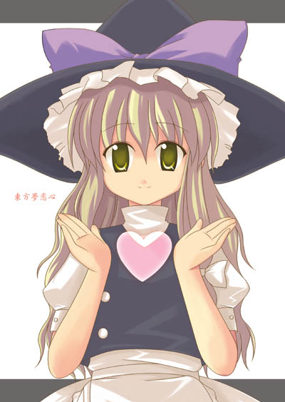 monji, kirisame marisa, touhou, translation request, 1girl, blonde hair, bow, buttons, female focus, hair ribbon, hat, hat bow, heart, letterboxed, light smile, long hair, ribbon, simple background, smile, solo, split mouth, white background, witch, witch hat, yellow eyes