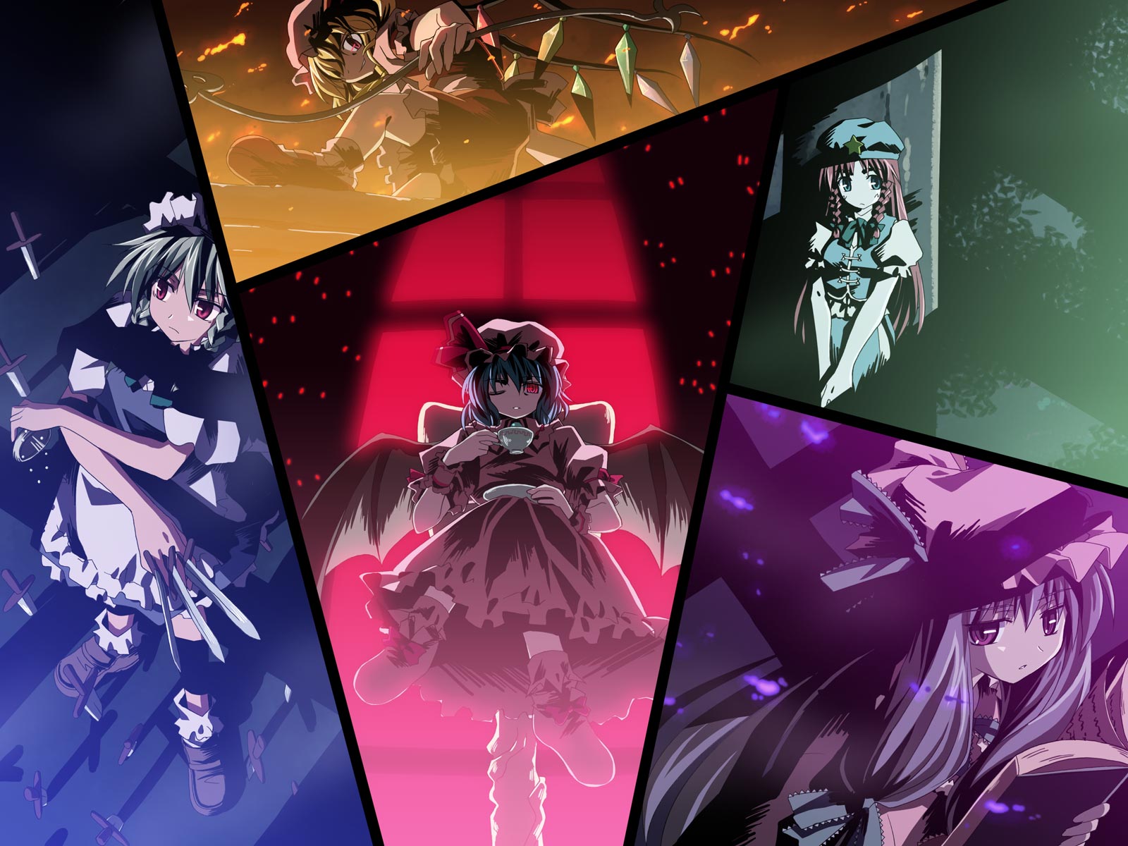 studio sdt, yuuki tatsuya, flandre scarlet, hong meiling, izayoi sakuya, patchouli knowledge, remilia scarlet, embodiment of scarlet devil, touhou, highres, md5 mismatch, resolution mismatch, source smaller, 5girls, alternate eye color, anime coloring, apron, ascot, bat wings, blonde hair, book, bow, braid, china dress, chinese clothes, collage, crescent, crossed arms, cup, dress, female focus, green eyes, grey hair, grin, hair bow, hat, hat bow, holding, holding book, knife, laevatein, long hair, maid, maid apron, maid headdress, mob cap, multiple girls, night clothes, one eye closed, open book, own hands together, puffy short sleeves, puffy sleeves, purple eyes, purple hair, reading, red eyes, red hair, shadow, shoes, short hair, short sleeves, siblings, sidelocks, sisters, sitting, smile, socks, star (symbol), tangzhuang, teacup, throwing knife, twin braids, v arms, weapon, wings