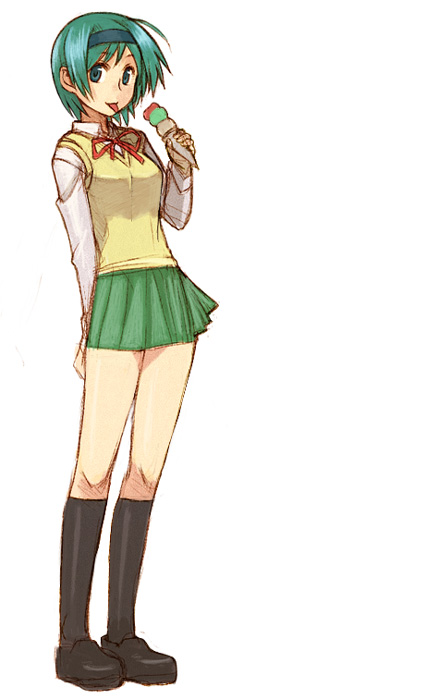 yu 65026, yoshioka chie, to heart (series), to heart 2, 00s, 1girl, :p, aqua eyes, female focus, food, full body, green hair, hairband, ice cream, ice cream cone, kneehighs, long legs, long sleeves, multiple scoops, pleated skirt, school uniform, serafuku, short hair, simple background, skirt, socks, solo, standing, sweater vest, tongue, tongue out, white background
