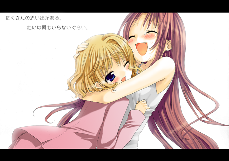 namori, kamio haruko, kamio misuzu, air (visual novel), translated, 00s, 2girls, :d, ;d, ^ ^, arm around neck, blonde hair, blue eyes, blush, brown hair, closed eyes, fang, hand on another's head, hug, letterboxed, long hair, multiple girls, one eye closed, open mouth, simple background, smile, tears, white background, wince