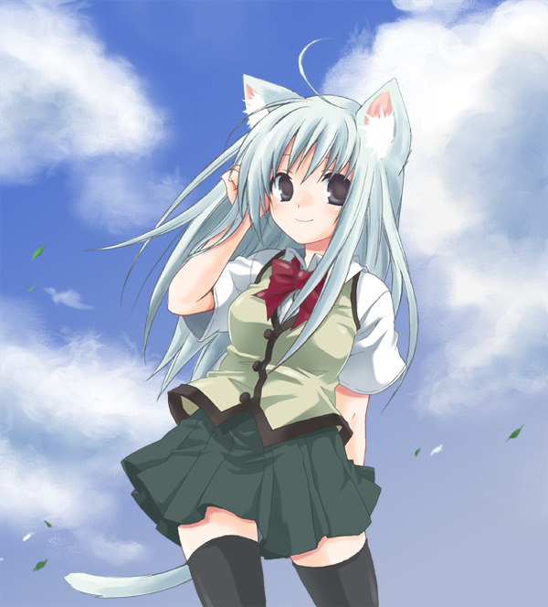 kubyou azami, original, 1girl, ahoge, animal ears, black thighhighs, blouse, cat ears, cat girl, cat tail, cloud, collared shirt, day, female focus, grey eyes, hand in own hair, long hair, outdoors, pleated skirt, school uniform, serafuku, shirt, skirt, sky, smile, solo, tail, thighhighs, white hair, white shirt, wind, zettai ryouiki