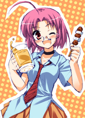 hoshizaki hikaru, momono megumi, mahoraba, lowres, 00s, 1girl, ;d, ahoge, alcohol, beer, blush, choker, cup, fang, female focus, food, glasses, holding, mug, necktie, one eye closed, open mouth, pink hair, pleated skirt, polka dot, polka dot background, red eyes, red necktie, school uniform, serafuku, short hair, skirt, smile, solo, wink
