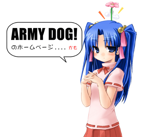 army dog, peshi (army dog), aoba kozue, konno natsume, mahoraba, 00s, 1girl, artist name, bell, blue eyes, blue hair, blush, bow, female focus, flower, flower on head, hair bell, hair bow, hair ornament, long hair, matching hair/eyes, own hands clasped, own hands together, pink bow, ribbon, simple background, solo, speech bubble, twintails, white background