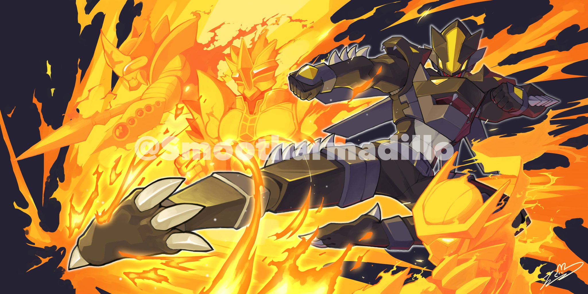 dillo (smootharmadillo), masked hero dark law, yu-gi-oh!, character request, highres, 1boy, armor, black armor, black background, black helmet, duel monster, fire, helmet, male focus, rider kick, simple background, solo