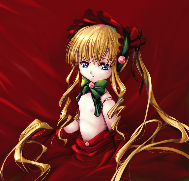 zundarepon, shinku, rozen maiden, 00s, 1girl, blonde hair, blue eyes, bonnet, bow, doll joints, dress, female focus, flat chest, joints, loli, long hair, nipples, red theme, solo, topless female, twintails, upper body, very long hair