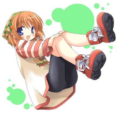 coral-squer, waha, yamato suzuran, suigetsu, red footwear, lowres, 1girl, :d, ass, bike shorts, blue eyes, blush, carrot hair ornament, clothes writing, eyes visible through hair, fang, female focus, flower, food-themed hair ornament, full body, hair ornament, hands on own knees, lily of the valley, long sleeves, looking at viewer, open mouth, orange hair, shoelaces, short hair, smile, solo, spandex, striped sleeves, white background