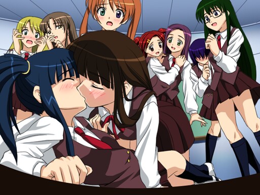 sanshita, kagurazaka asuna, kakizaki misa, konoe konoka, miyazaki nodoka, naba chizuru, sakurazaki setsuna, saotome haruna, shiina sakurako, yukihiro ayaka, mahou sensei negima!, 00s, 6+girls, :d, blonde hair, blue hair, blush, brown eyes, brown hair, closed eyes, couple, glasses, green eyes, green hair, hair ornament, hair over eyes, hairclip, hand to own mouth, heterochromia, indoors, kiss, long hair, long sleeves, mahora academy middle school uniform, mole, mole under eye, multiple girls, necktie, open mouth, orange hair, ponytail, purple eyes, purple hair, red hair, school uniform, serafuku, side ponytail, skirt, smile, yuri