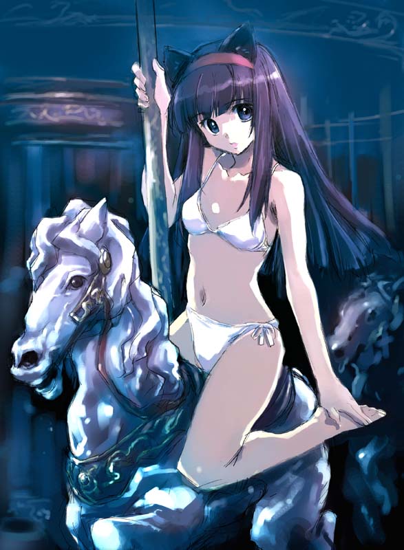 matsumoto noriyuki, hazuki (tsukuyomi), tsukuyomi moonphase, 00s, 1girl, animal ears, barefoot, bikini, blue eyes, carousel, cat ears, female focus, hairband, hands on feet, head tilt, horse, horseback riding, lingerie, long hair, looking at viewer, navel, purple hair, riding, side-tie bikini bottom, sitting, solo, swimsuit, underwear, white bikini