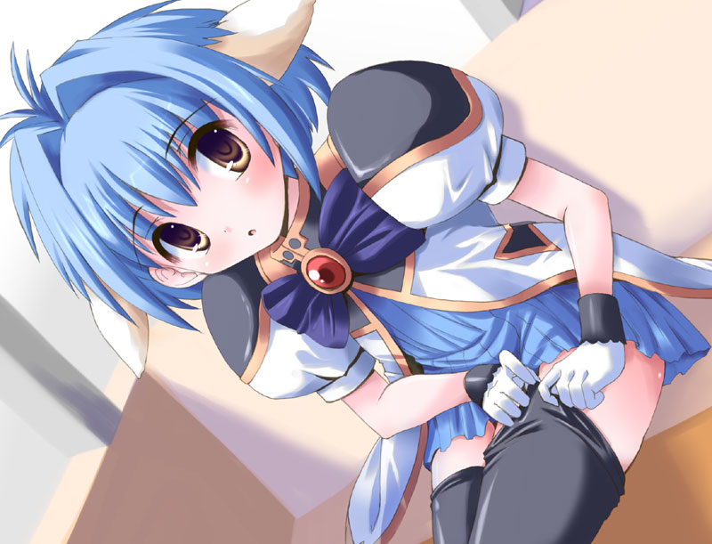 shinshin, mint blancmanche, broccoli (company), galaxy angel, 00s, 1girl, black thighhighs, blue hair, blue skirt, brown eyes, dutch angle, female focus, hair intakes, jewelry, looking at viewer, sitting, skirt, solo, thighhighs, zettai ryouiki