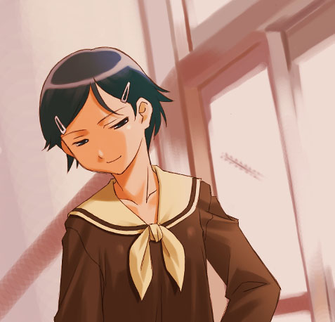 umekichi, yamaguchi mami, maria-sama ga miteru, lowres, 00s, 1girl, black eyes, black hair, female focus, hair ornament, hairclip, hairpin, long sleeves, school uniform, serafuku, short hair, smile, solo