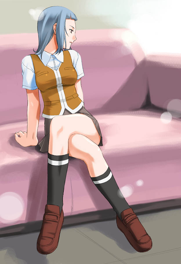 umekichi, miyu greer, my-hime, 00s, 1girl, blue hair, breasts, couch, crossed legs, female focus, full body, legs, plantar flexion, school uniform, serafuku, sitting, skirt, socks, solo