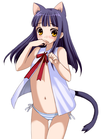 piyodera mucha, original, 1girl, animal ears, blouse, blue panties, blush, brown eyes, cat ears, cat girl, cat tail, female focus, hand to own mouth, loli, long hair, lowleg, lowleg panties, navel, no pants, open clothes, open shirt, panties, purple hair, shirt, side-tie panties, simple background, solo, striped clothes, striped panties, tail, thigh gap, underwear, white background