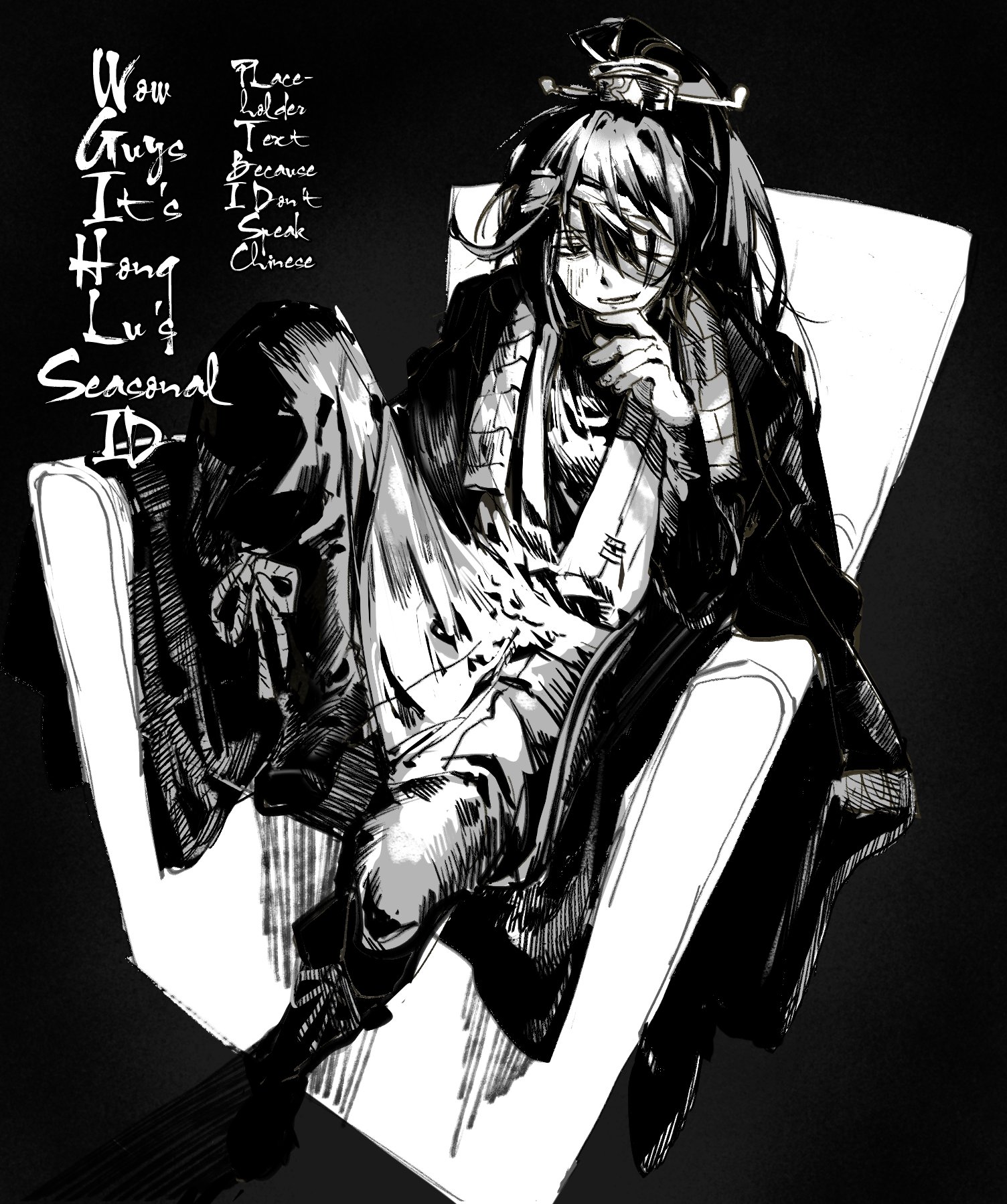 kampuzu, hong lu (project moon), limbus company, project moon, highres, 1boy, bandage over one eye, black background, black eyes, black hair, black hanfu, chinese clothes, family hierarch candidate (identity) (project moon), full body, hanfu, high ponytail, long hair, looking at viewer, male focus, monochrome, ponytail, simple background, sitting, solo