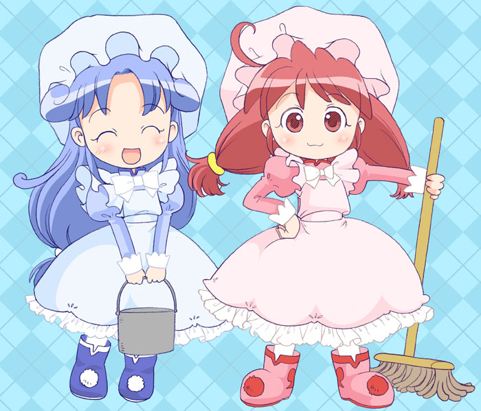 hatomugi (mamotan), fine (futagohime), rein (futagohime), fushigiboshi no futago hime, 00s, 2girls, :3, :d, ^ ^, ahoge, blue background, blue hair, blush, bucket, closed eyes, hand on own hip, hat, holding, mop, multiple girls, open mouth, parted bangs, red eyes, red hair, smile