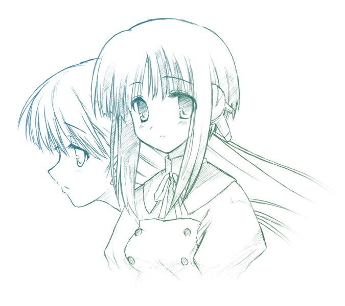 eretto, ilfa (to heart), kusakabe yuuki (to heart 2), to heart (series), to heart 2, 00s, 2girls, breasts, closed mouth, green theme, lineart, long hair, medium breasts, monochrome, multiple girls, robot ears, short hair with long locks, simple background, sketch, split mouth, white background