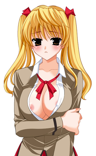 kanekiyo miwa, sawachika eri, school rumble, arm grab, breast hold, 00s, 1girl, blonde hair, blush, breasts, brown eyes, covered erect nipples, female focus, hand on own elbow, long sleeves, medium breasts, nipple slip, nipples, open clothes, open shirt, school uniform, shirt, simple background, solo, twintails, white background