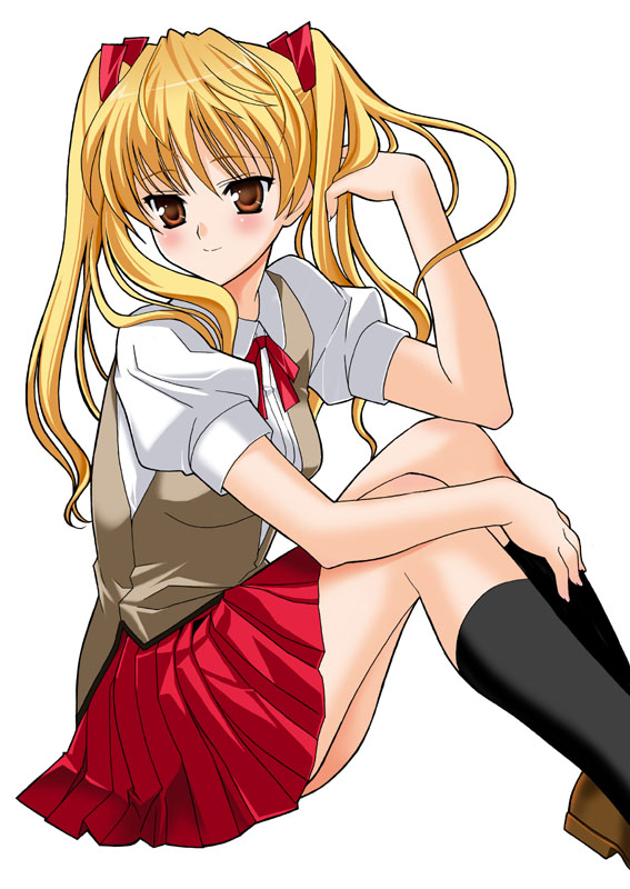 kanekiyo miwa, sawachika eri, school rumble, 00s, 1girl, adjusting hair, black socks, blonde hair, blush, brown shoes, female focus, kneehighs, long hair, orange eyes, pleated skirt, school uniform, serafuku, shoes, simple background, sitting, skirt, smile, socks, solo, split mouth, twintails, white background