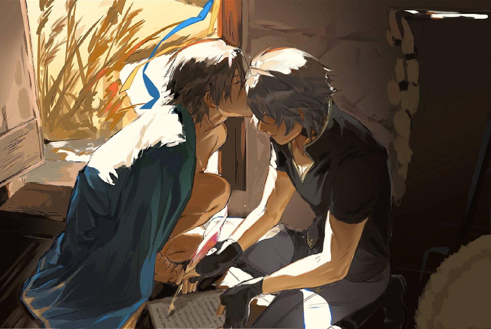 caelus (honkai: star rail), phainon (honkai: star rail), trailblazer (honkai: star rail), honkai: star rail, honkai (series), 2boys, barefoot, black choker, black gloves, black shirt, blue cape, book, borrowed clothes, cape, chair, choker, closed eyes, closed mouth, english text, fingerless gloves, gloves, grey hair, haige209, holding, holding paper, holding quill, indoors, jacket, jacket on shoulders, kiss, kissing forehead, male focus, multiple boys, naked cape, open mouth, pants, paper, pen, profile, quill, shirt, short hair, short sleeves, sitting, smile, squatting, t-shirt, table, wheat, white hair, white pants, window, writing, yaoi