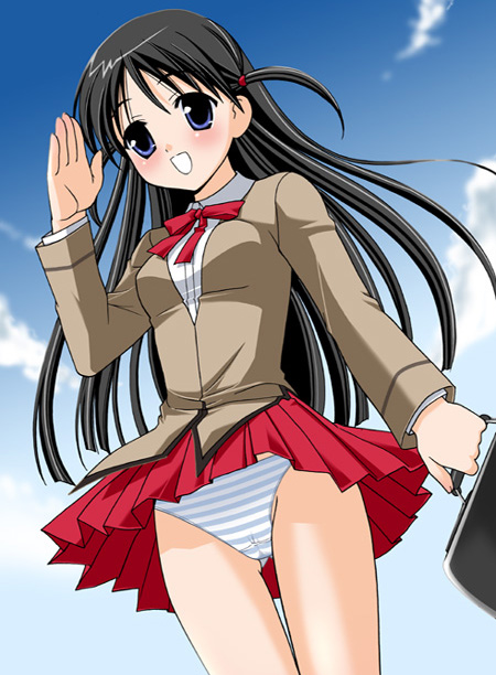 kanekiyo miwa, tsukamoto tenma, school rumble, 00s, 1girl, :d, black hair, blue eyes, blue panties, blush, cameltoe, female focus, holding, long hair, long sleeves, miniskirt, open mouth, panties, pantyshot, pleated skirt, short twintails, skirt, smile, solo, standing, striped clothes, striped panties, twintails, two side up, underwear, upskirt