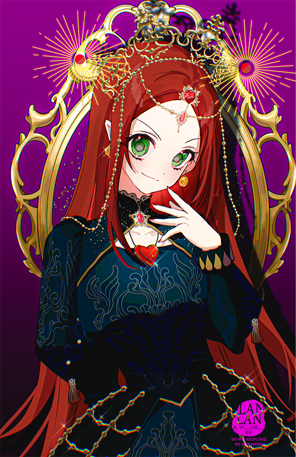 chocolat meilleure, sugar sugar rune, commentary, korean commentary, 1girl, black dress, closed mouth, cowboy shot, dress, earrings, eyelashes, gem, gradient background, green eyes, heart pendant, jewelry, lan lan, long hair, long sleeves, looking at viewer, necklace, orange hair, purple background, red nails, shadow, sidelocks, smile, solo, sparkle, turtleneck, twitter username