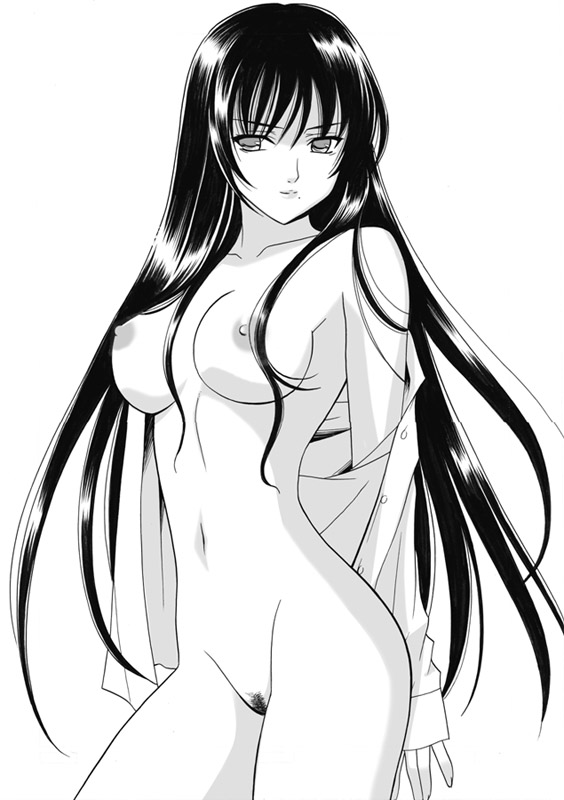 kanekiyo miwa, osakabe itoko, school rumble, 00s, 1girl, arms behind back, bottomless, breasts, breasts out, buttons, cowboy shot, dress shirt, female focus, female pubic hair, from side, greyscale, groin, large breasts, light smile, long hair, long sleeves, looking at viewer, mole, mole under mouth, monochrome, naked shirt, navel, nipples, no bra, off shoulder, open clothes, open shirt, pubic hair, shirt, simple background, sleeves past wrists, smile, solo, standing, teacher, unbuttoned, uncensored, very long hair, white background