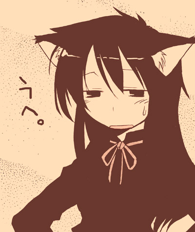 mizumoto tadashi, original, lowres, 1girl, animal ear fluff, animal ears, cat ears, cat girl, female focus, long hair, long sleeves, monochrome, open mouth, sepia, simple background, solo, sweatdrop