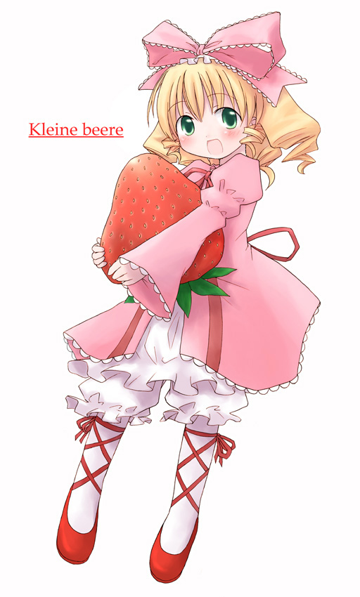 mizumoto tadashi, hinaichigo, rozen maiden, 00s, 1girl, :d, blonde hair, blush, bow, drill hair, female focus, food, fruit, german text, green eyes, hair bow, holding, holding food, holding fruit, long sleeves, looking at viewer, name connection, object namesake, open mouth, oversized food, oversized object, pink bow, simple background, smile, solo, strawberry, white background