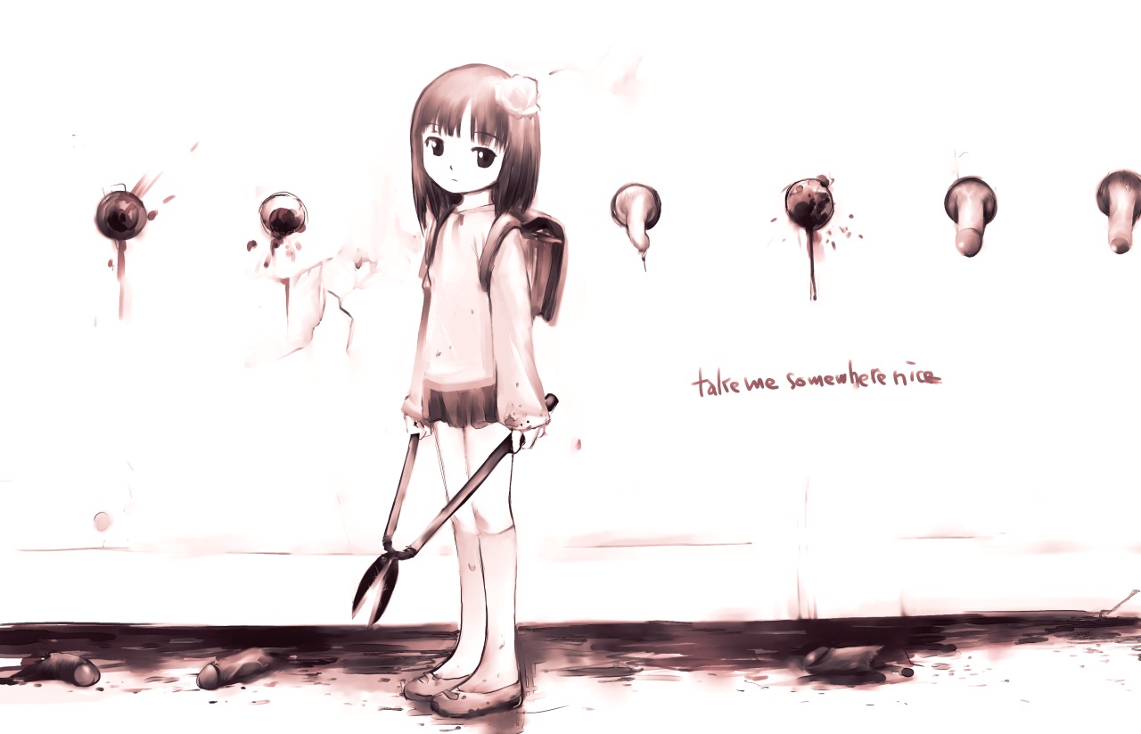 kashmir, original, 1girl, backpack, bag, blood, blunt bangs, castration, closed mouth, english text, ero guro, glory hole, guro, hedge trimmer, holding, loli, monochrome, pain, penis, randoseru, severed penis, shears, solo, what