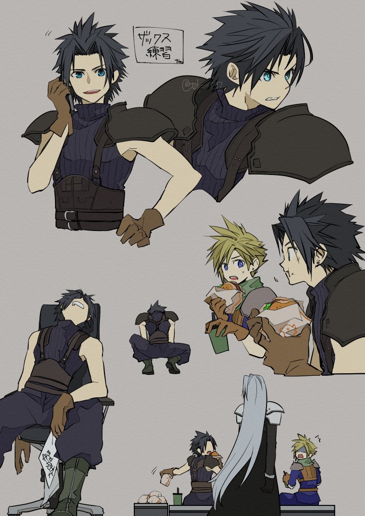takase toho, cloud strife, sephiroth, zack fair, crisis core final fantasy vii, final fantasy, final fantasy vii, 3boys, aqua eyes, armor, belt, black hair, blonde hair, blue shirt, brown gloves, burger, clenched teeth, cup, drooling, earrings, eating, food, furrowed brow, gloves, green scarf, grey background, grey hair, hand on own hip, holding, holding cup, holding food, holding paper, holding phone, jewelry, long hair, male focus, mouth drool, multiple belts, multiple boys, multiple views, open mouth, paper, parted bangs, pauldrons, phone, scarf, shaded face, shinra infantry uniform, shirt, short hair, shoulder armor, single earring, sleeveless, sleeveless turtleneck, smile, spiked hair, suspenders, swivel chair, talking on phone, teeth, turtleneck