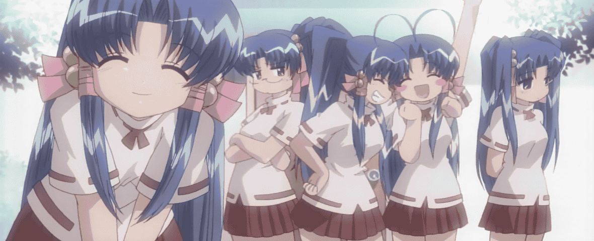 akasaka saki, aoba kozue, kanazawa nanako, konno natsume, midorikawa chiyuri, mahoraba, animated, animated gif, anime screenshot, 00s, 5girls, :d, ^ ^, antenna hair, bell, blue eyes, blue hair, blush stickers, closed eyes, crossed arms, dual persona, glasses, grin, hair bell, hair ornament, hand on own hip, hand up, hip focus, long hair, looking at viewer, multiple girls, multiple persona, open mouth, ponytail, skirt, smile, twintails