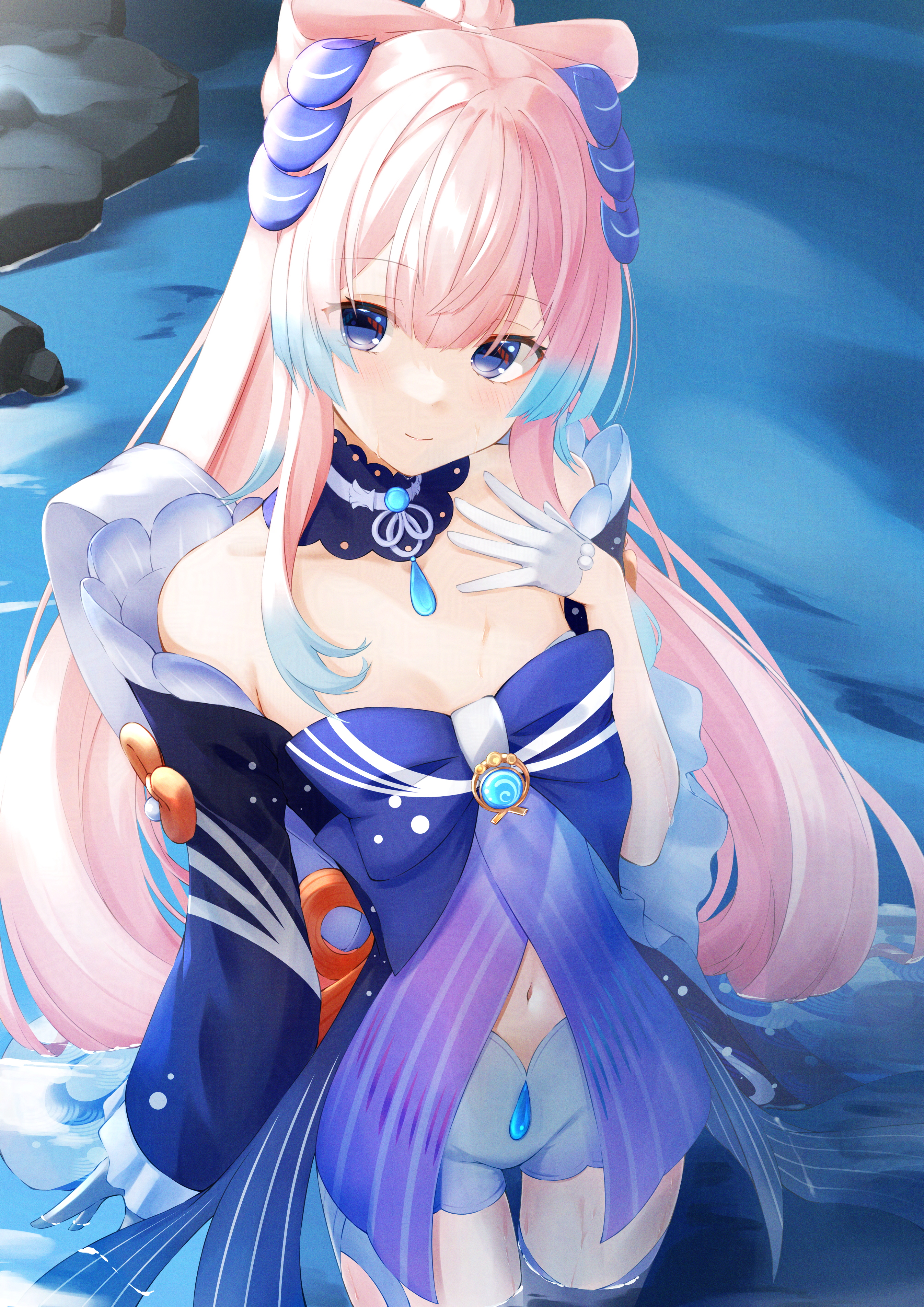yuki-san (wdtm yuki), sangonomiya kokomi, genshin impact, absurdres, highres, 1girl, bare shoulders, blue bow, blue dress, blue eyes, blue hair, bow, detached collar, dress, gloves, gradient hair, hand up, long hair, long sleeves, looking at viewer, multicolored hair, navel, off-shoulder dress, off shoulder, pink hair, short shorts, shorts, smile, solo, standing, very long hair, wading, water, white gloves
