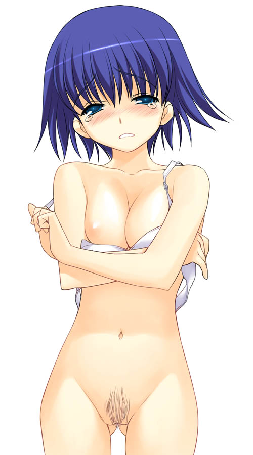 a1 (initial-g), tonami yuma, to heart (series), to heart 2, 00s, 1girl, blue eyes, blue hair, blush, bottomless, breasts, female focus, female pubic hair, matching hair/eyes, medium breasts, mismatched pubic hair, no pussy, pubic hair, pussy, simple background, solo, tears, uncensored, undressing, white background