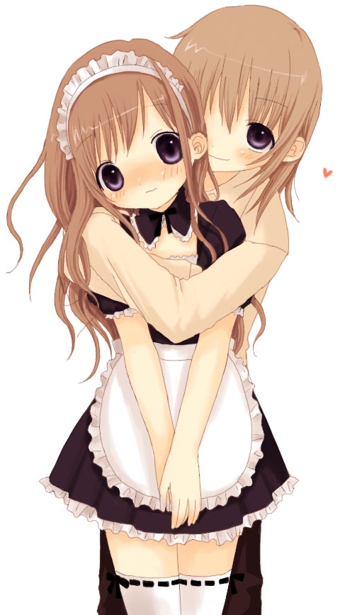satou sei, toudou shimako, maria-sama ga miteru, white legwear, 00s, 2girls, blonde hair, blush, brown hair, heart, hug, hug from behind, long hair, maid, maid headdress, multiple girls, purple eyes, ribbon-trimmed thighhighs, ribbon trim, simple background, thighhighs, white background, yuri