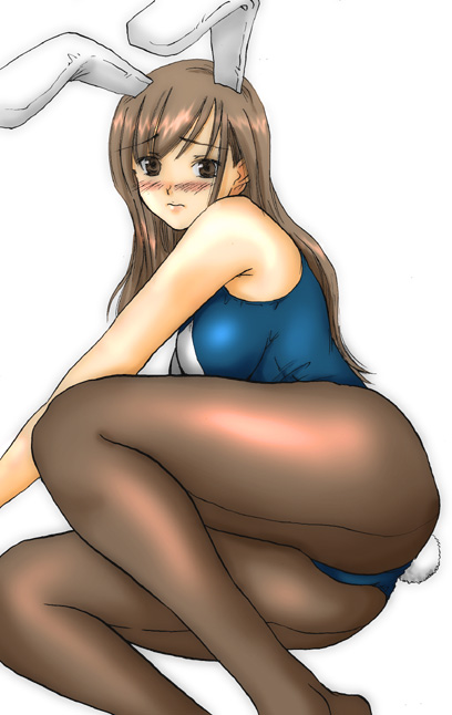 toudou shimako, maria-sama ga miteru, 00s, 1girl, animal ears, ass, ass focus, blue leotard, blush, brown eyes, brown hair, brown pantyhose, fake animal ears, female focus, leotard, long hair, pantyhose, playboy bunny, rabbit ears, rabbit tail, simple background, solo, tail, thighs, white background