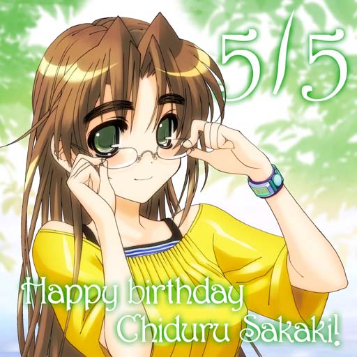 sakaki chizuru, muv-luv, 1girl, adjusting eyewear, bare shoulders, brown hair, character name, closed mouth, dated, female focus, glasses, green eyes, hair intakes, happy birthday, light blush, light smile, long hair, looking at viewer, off-shoulder shirt, off shoulder, shirt, short sleeves, smile, solo, thick eyebrows, upper body, watch, wristwatch, yellow shirt